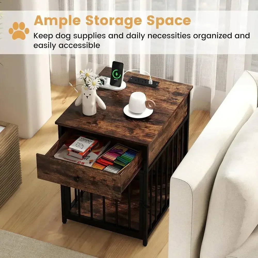 2 In 1 Dog Crate Side Table With Charging Station