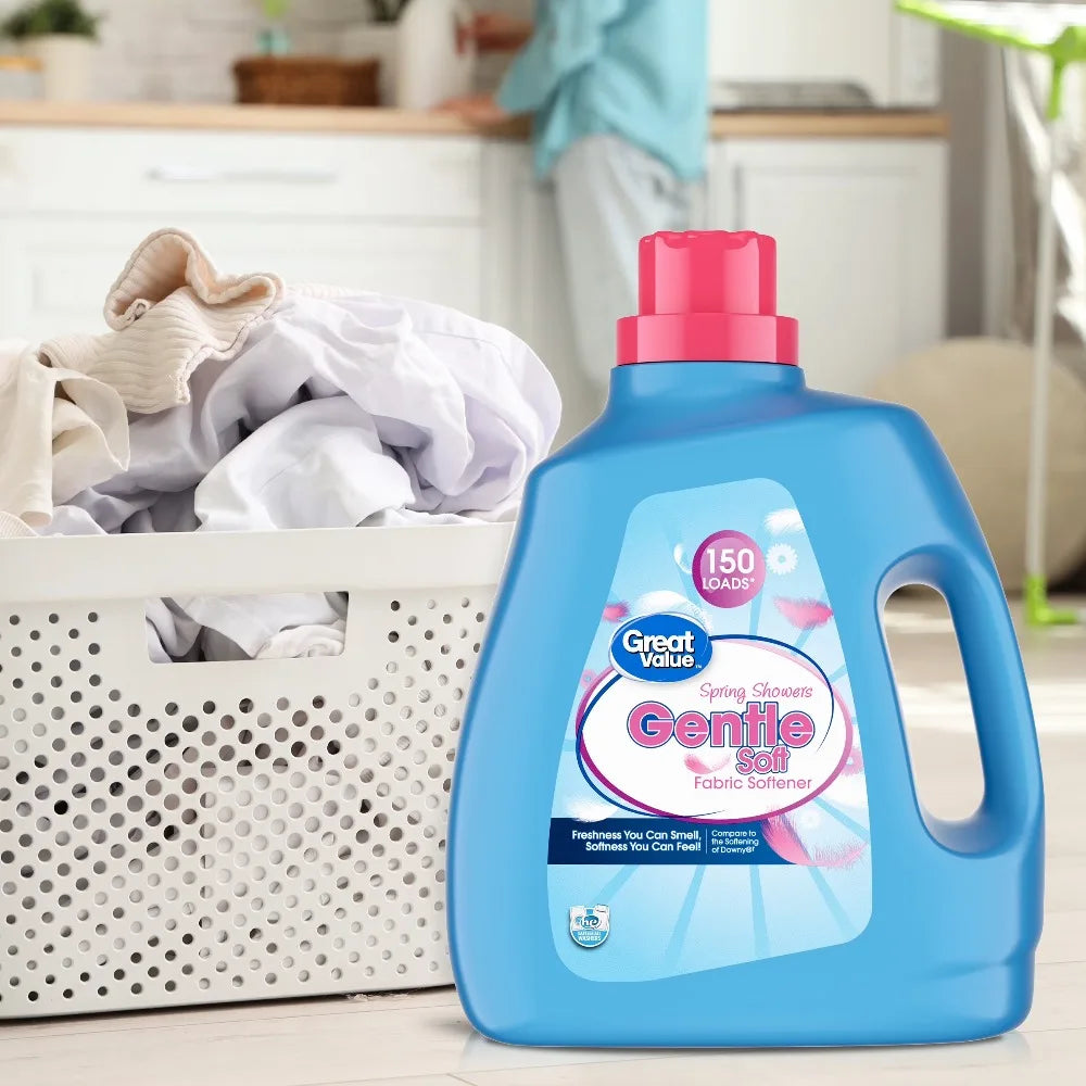Gentle Soft Liquid Fabric Softener Spring Showers Scent 111 Fl Oz 150 Loads Softening Effect Compare to Downy