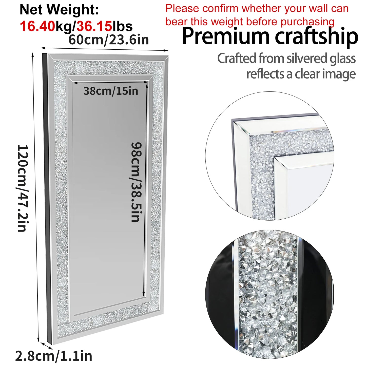 Crystal Crush Diamond Wall Mirror Framed Living Room