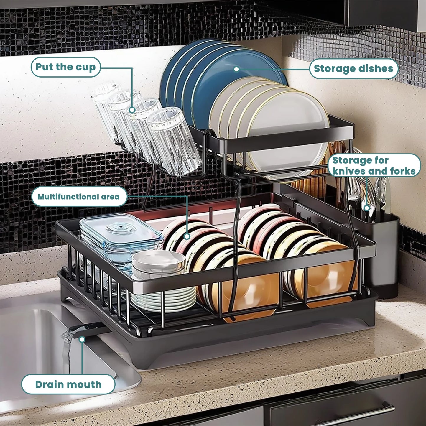 Two-Tier Dish Drying Rack For Kitchen Countertop